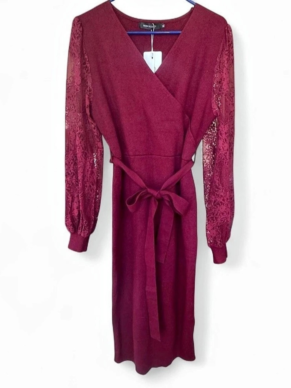 NWT MEROKEETY XL Burgundy Lace Sleeve Wrap Knit Midi Dress